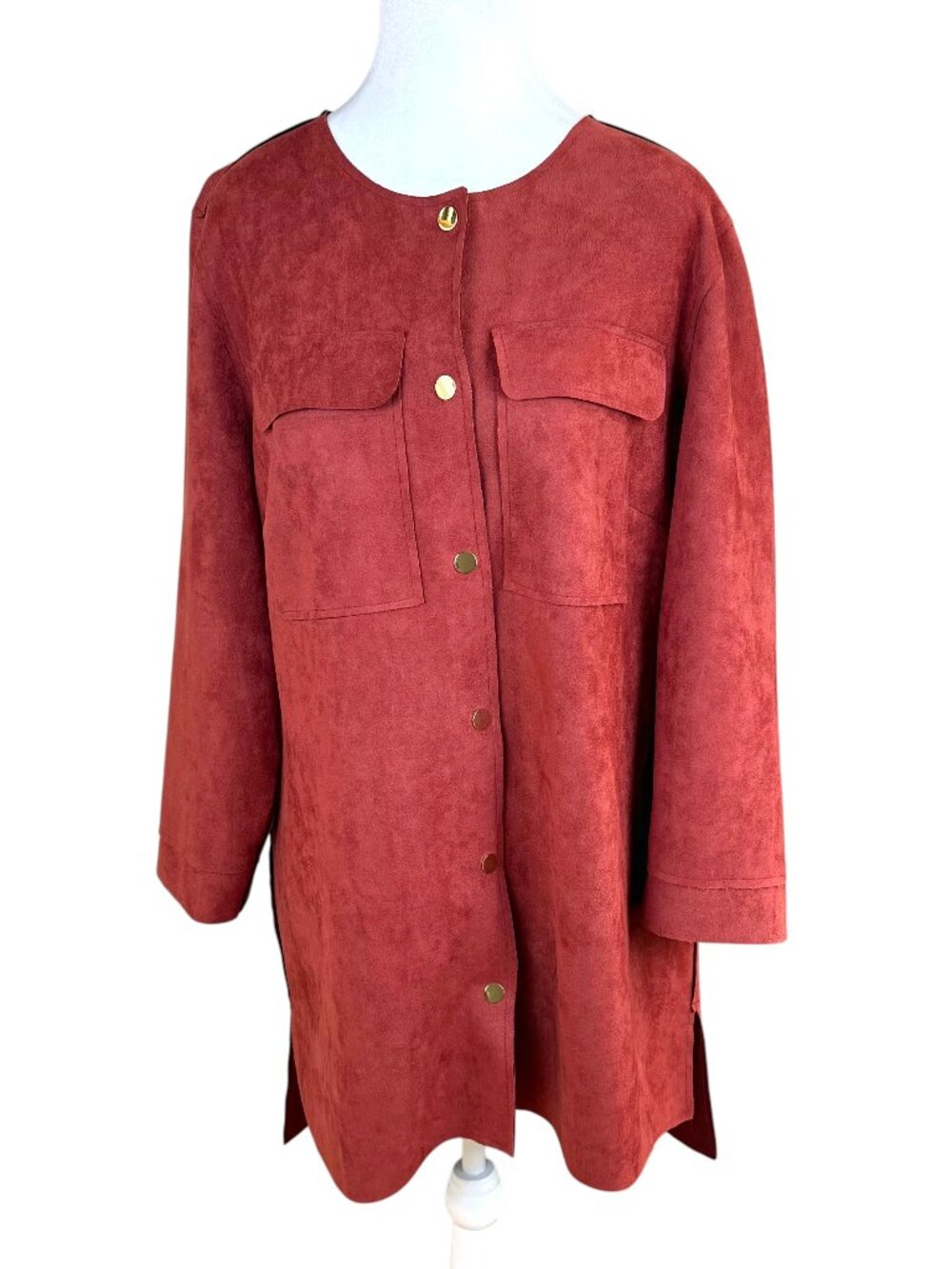 Chico's Faux Suede Jacket Longline Snap Front Rusty Red Utility (2/ US L)